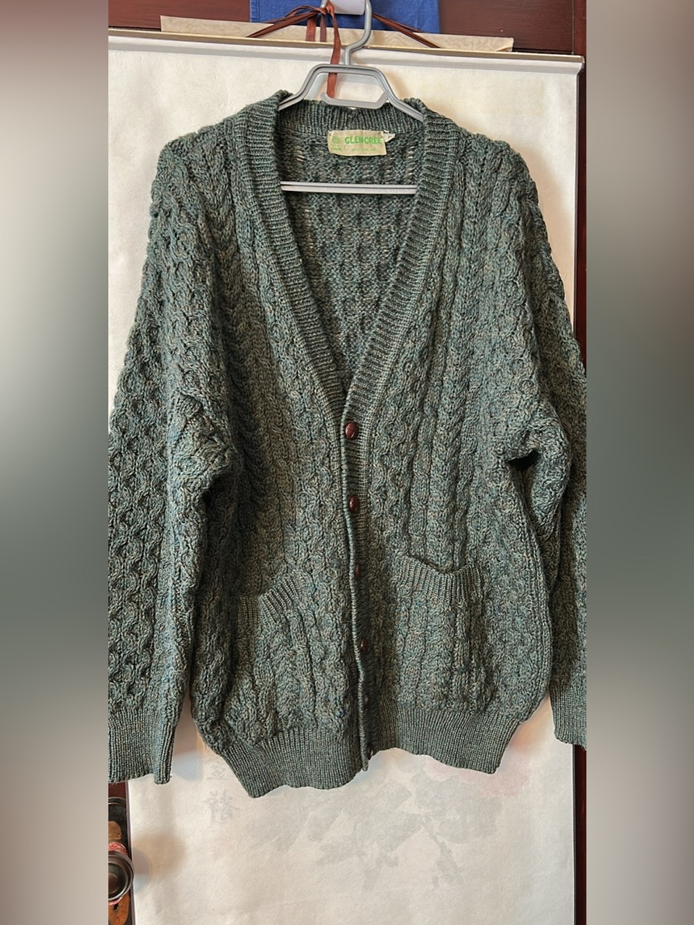Vintage Glencree Pure New Wool Men's Large Moss Green Cable Knit Button Cardigan